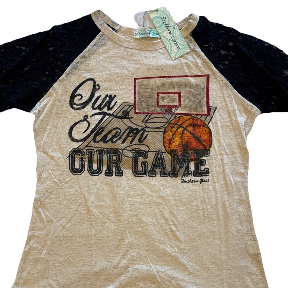 Southern Grace Basketball Graphic Lace Raglan Burnout Tee Cream Black 2XL NEW